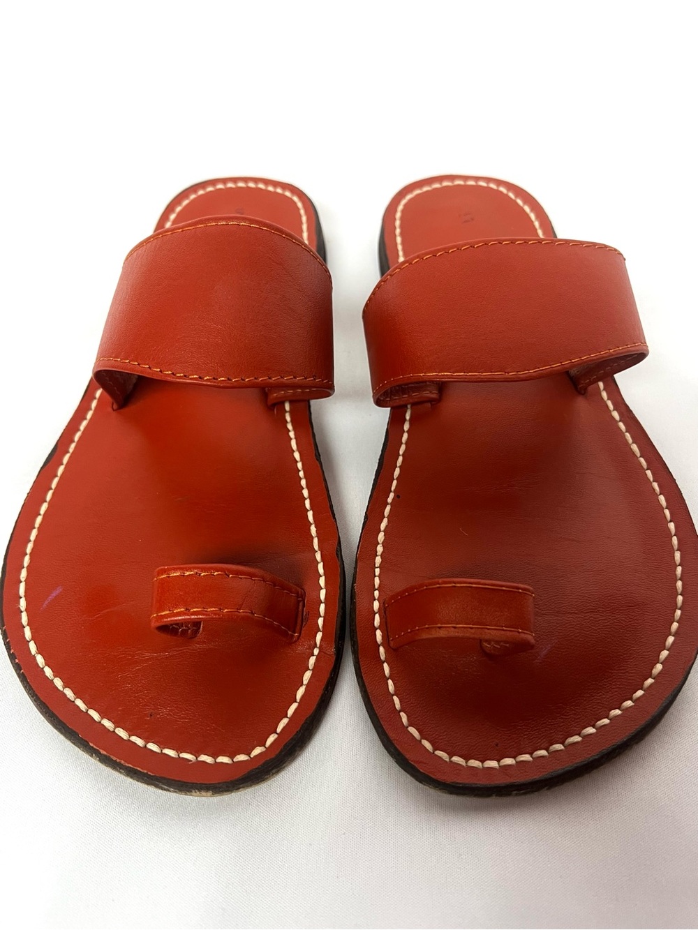 Leather Toe Loop Sandals Womens 7 7.5 Cognac Brown Slide Minimalist Flat